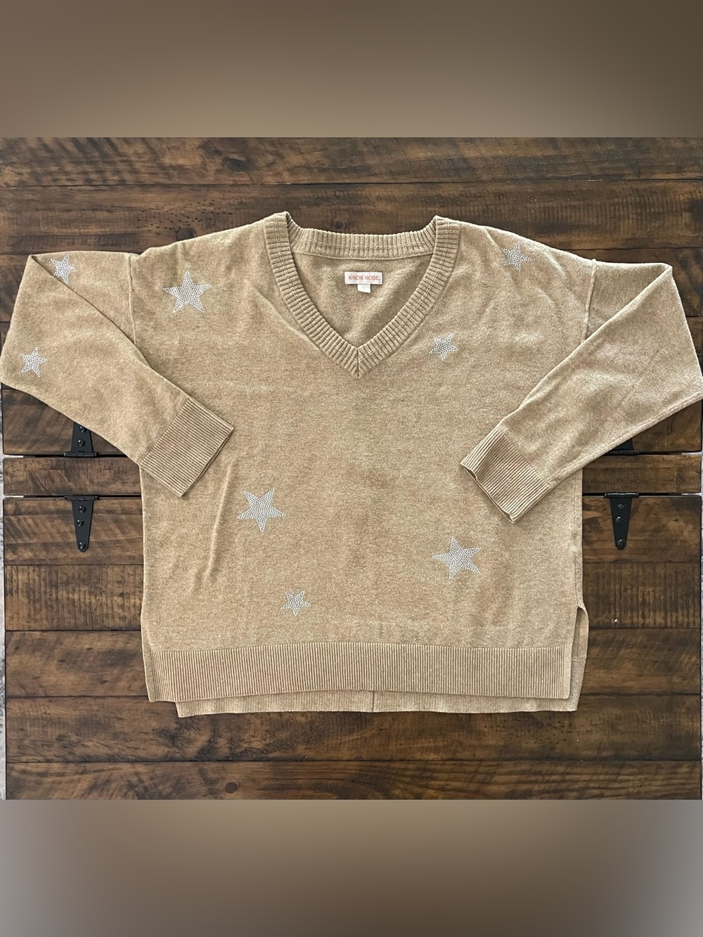Knox Rose XL Beige Velour Sweater Silver Sequin Stars V-Neck Cozy